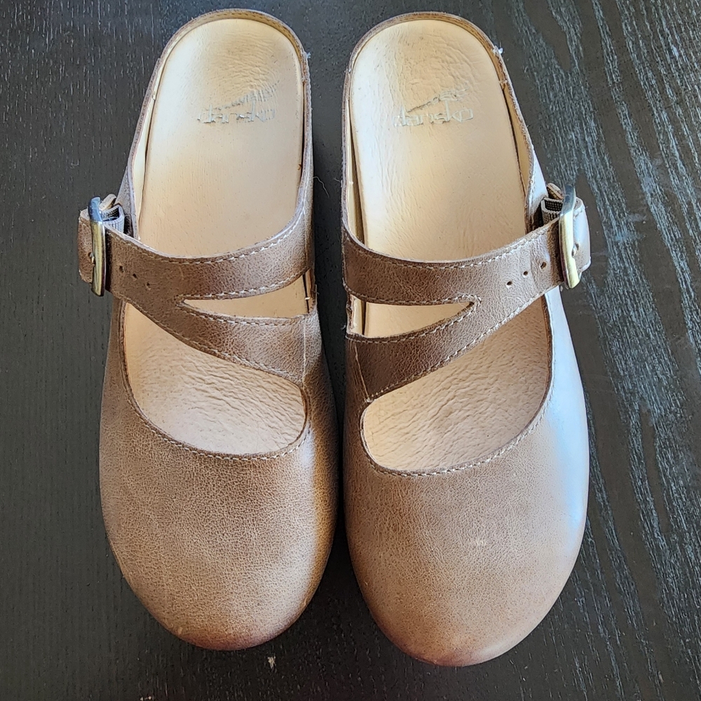 Dansko Bria Mary Jane Mule Clogs Tan Genuine Leather Memory Foam Comfortable 37